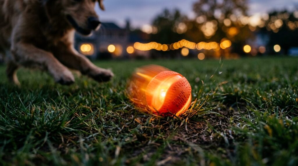 Close-up product lifestyle shot of a glowing LED dog ball in