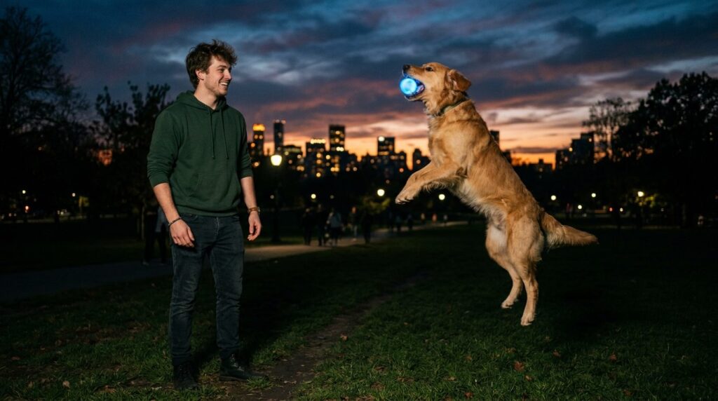 Young man playing fetch with his dog in a dark park using a