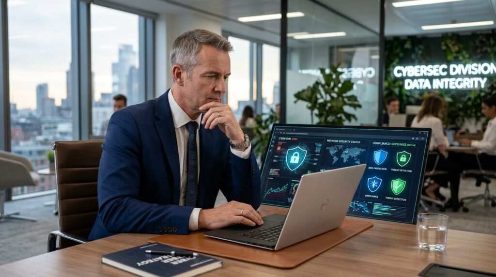 Male business leader in thoughtful pose at modern workplace,