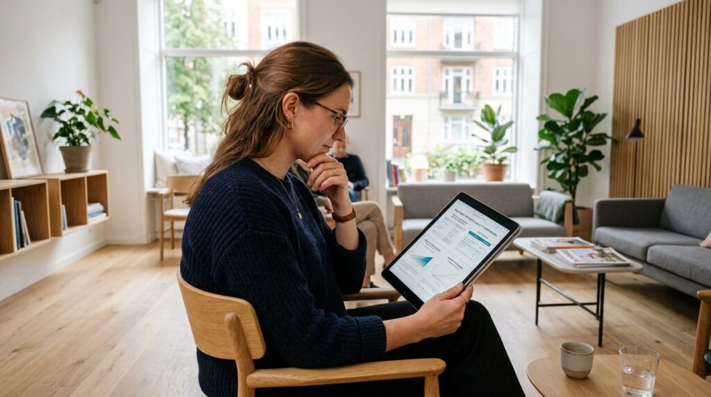 Thoughtful woman in modern Copenhagen clinic waiting room re
