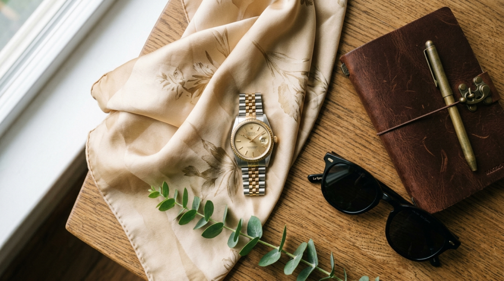 Close-up detail shot of a curated flatlay featuring a luxury