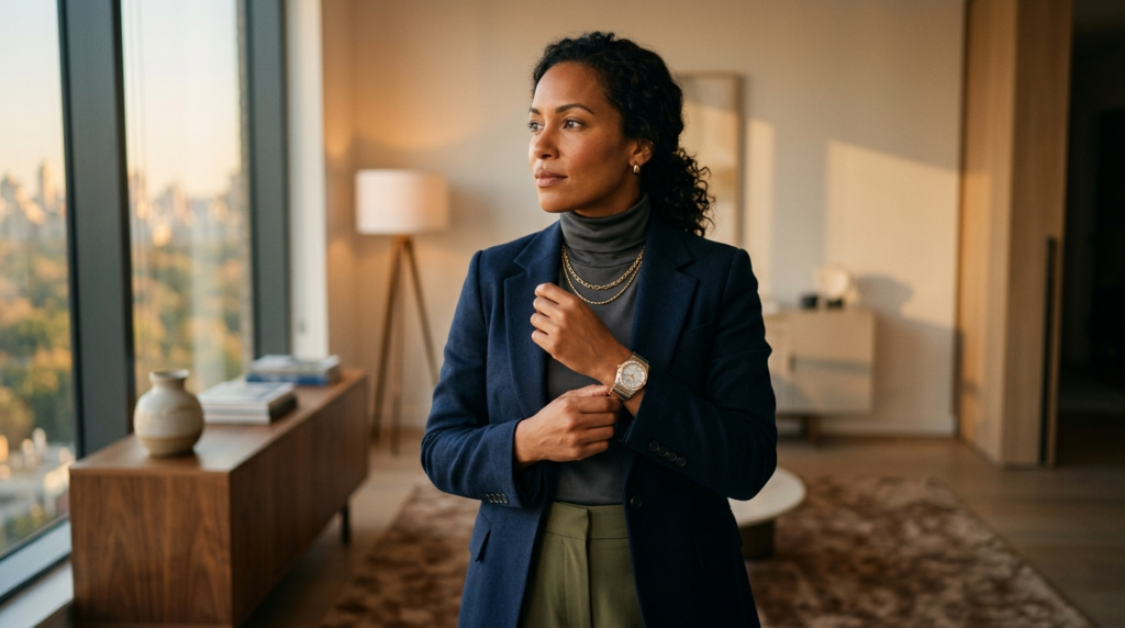A confident woman adjusting her luxury watch while gazing th