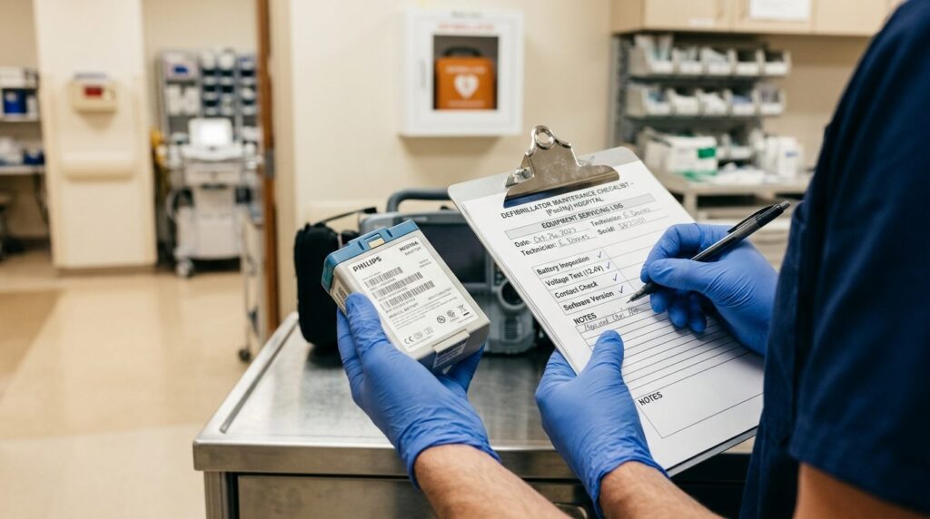 Close-up of hands holding a defibrillator battery and mainte