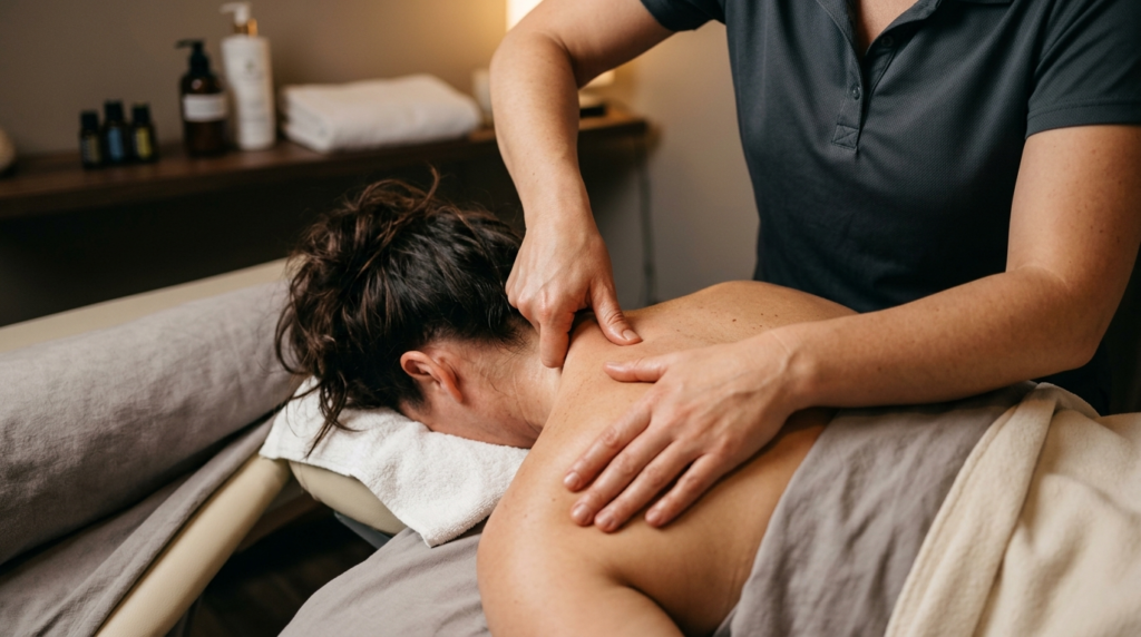 Close-up of skilled massage therapist hands performing preci