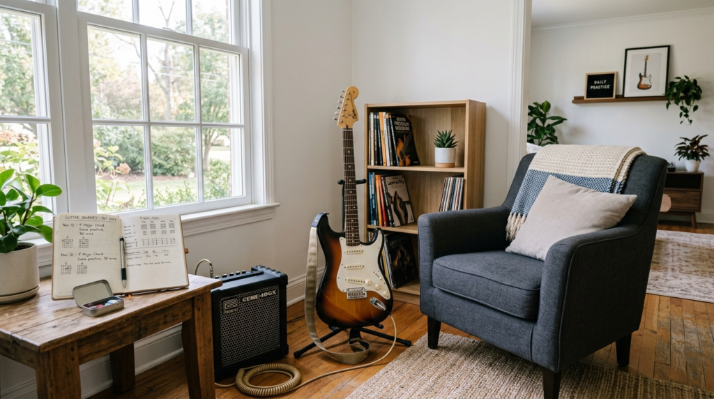 Wide lifestyle photograph of a clean, organized home music c