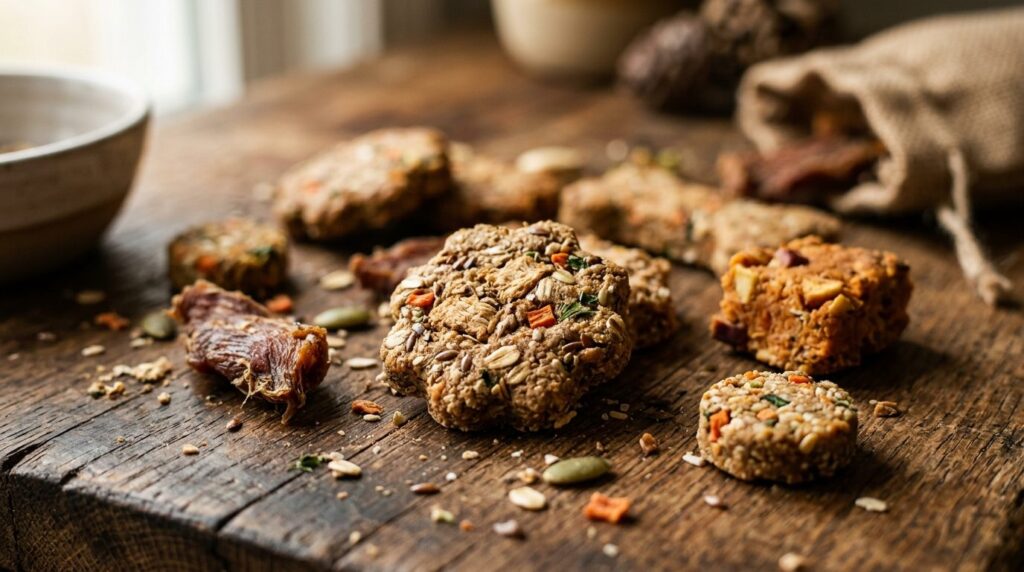 Close-up detail shot of natural dog treats made from organic