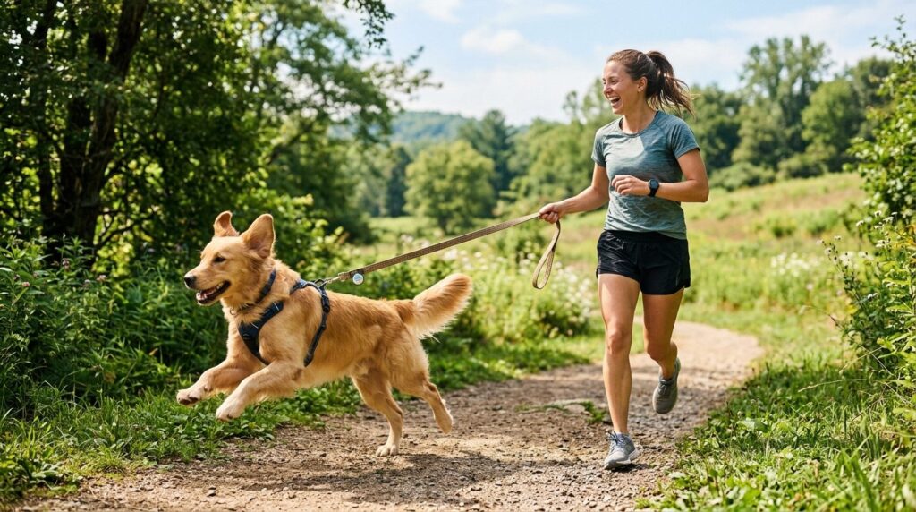 Active scene of a healthy, energetic dog outdoors playing an