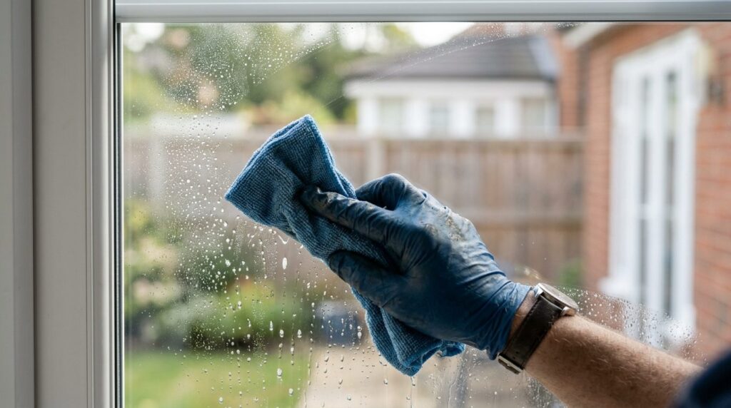 Close-up shot of a professional window cleaners hand carefu