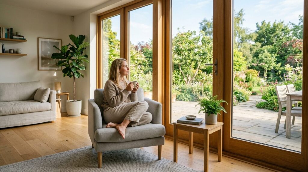 Serene morning scene of a bright, airy home interior with fl
