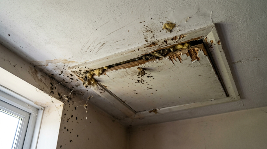 Close-up of ceiling damage and scratches from animal activit