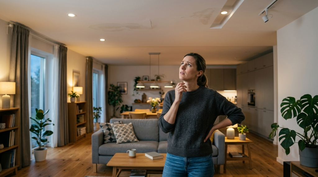 Modern home interior scene showing a concerned homeowner loo