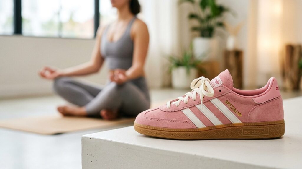 Close-up professional photograph of clear pink Adidas Handba