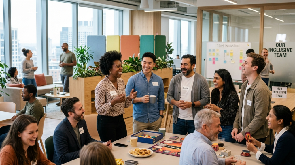Diverse team of employees in a bright modern office space en