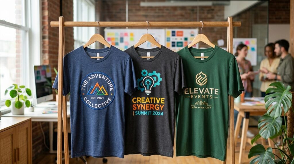 Close-up detail shot of three custom printed t-shirts hangin