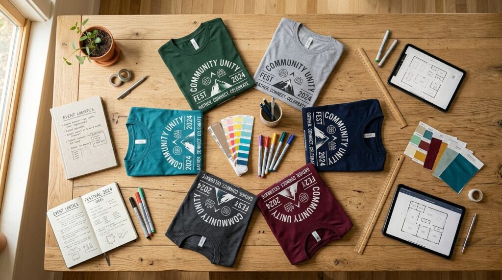 Overhead flat-lay photograph of folded custom printed t-shir
