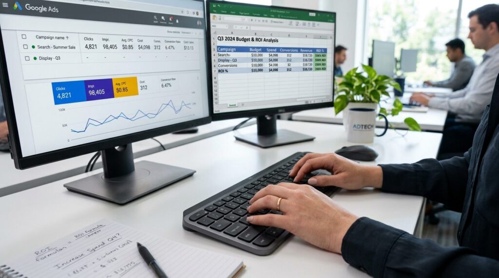 Close-up of hands typing on keyboard with Google Ads interfa
