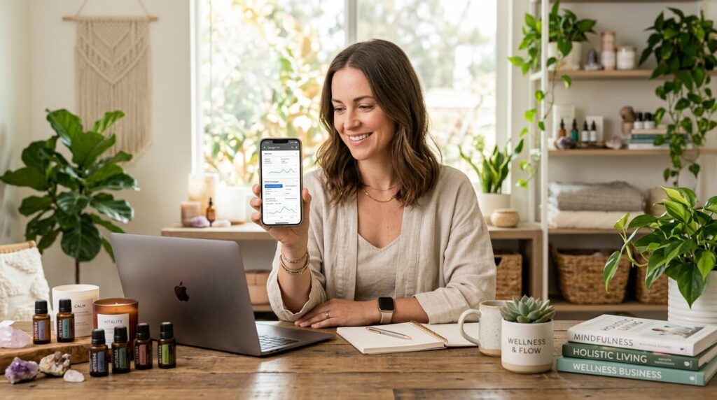 Solopreneur in wellness space surrounded by wellness product