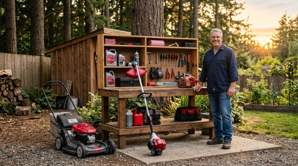 Wide angle shot of a well-organized outdoor workshop corner