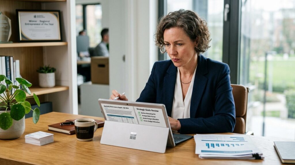 Mature entrepreneur reviewing business documents and checkli