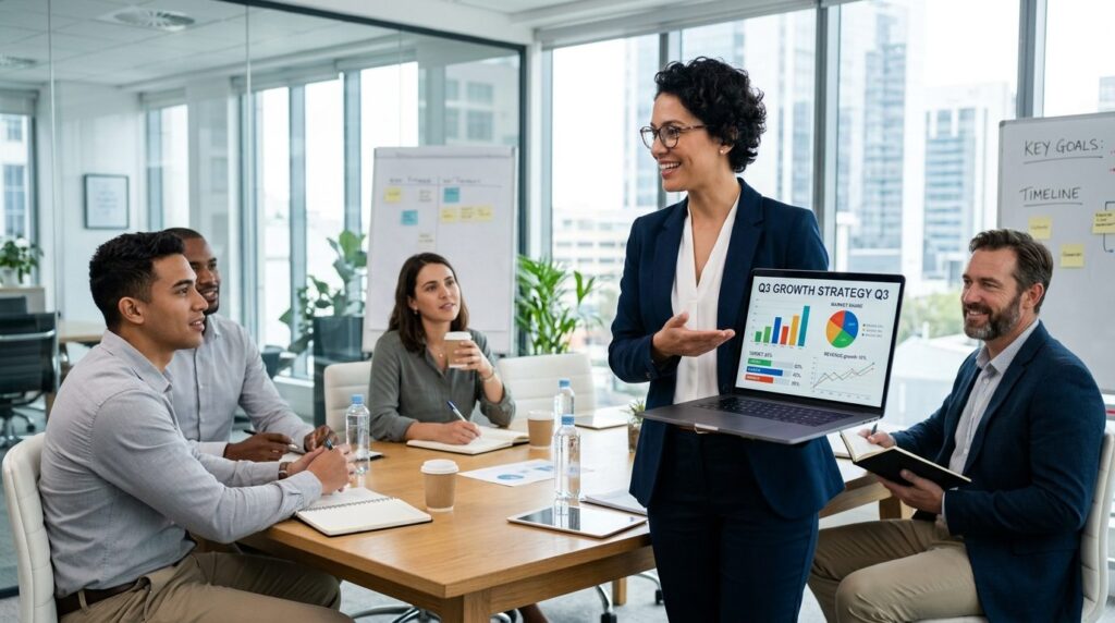 Confident business professional presenting growth strategy w