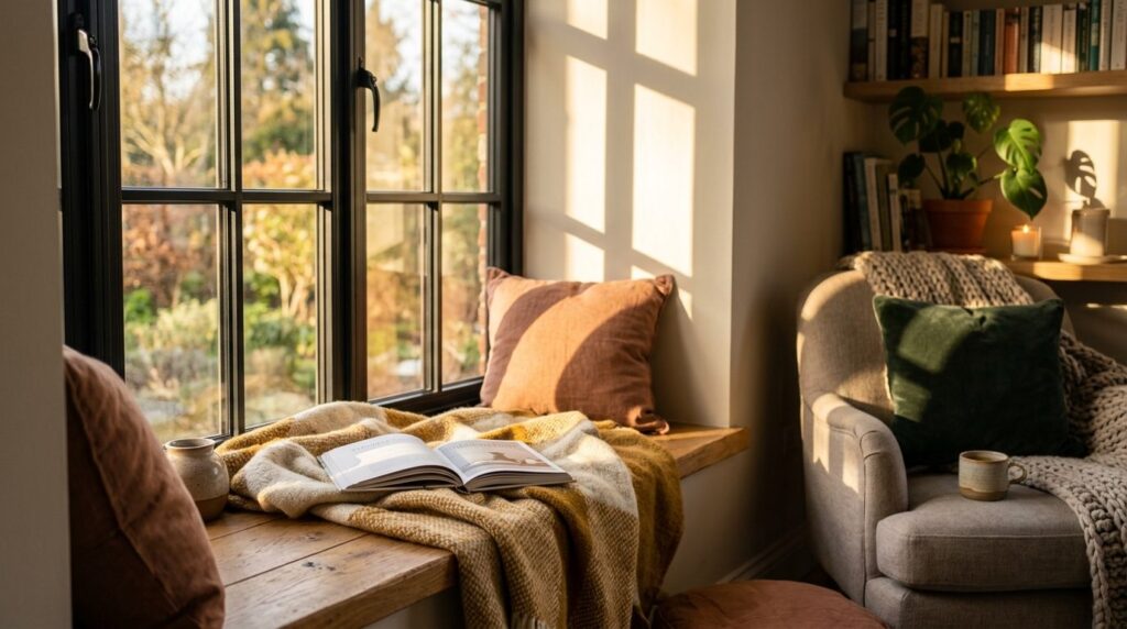 Close-up of sunlight streaming through modern window panes c