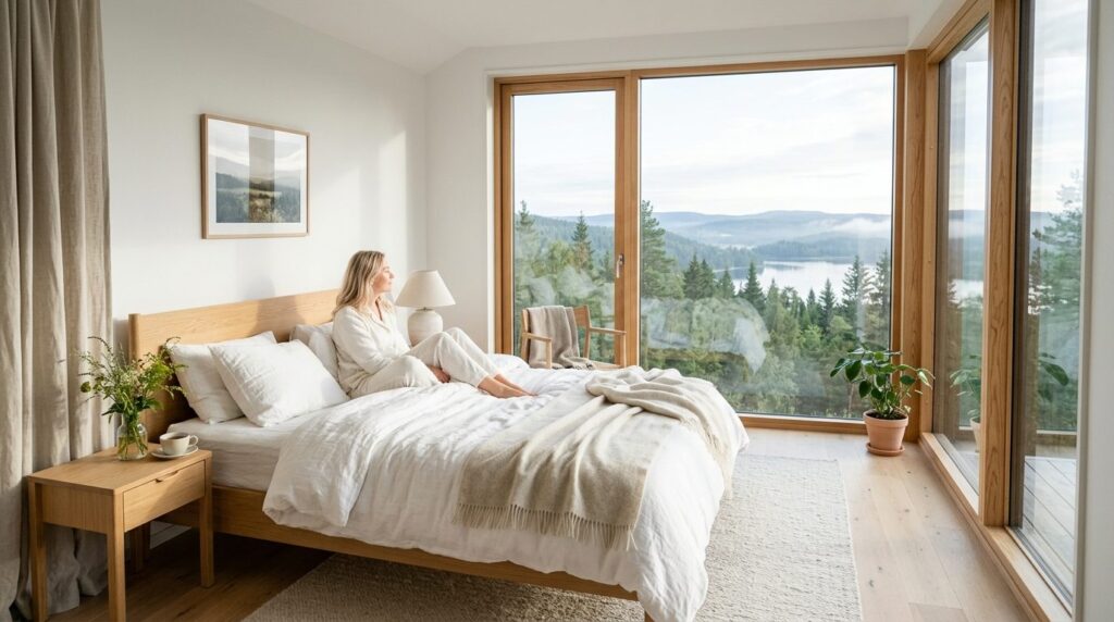Bright Scandinavian bedroom with expansive windows overlooki