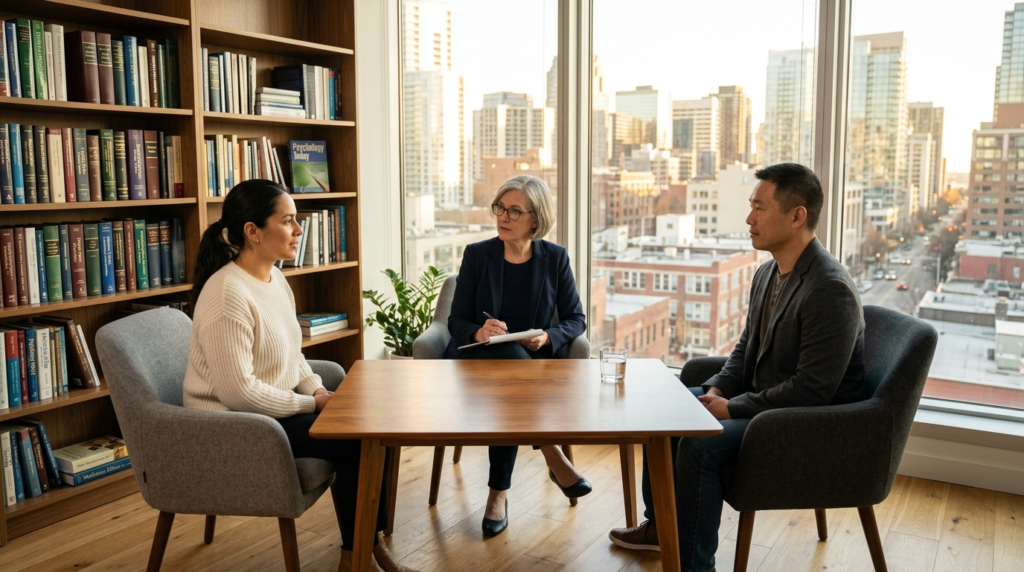 Modern office setting showing a woman and man in separate bu