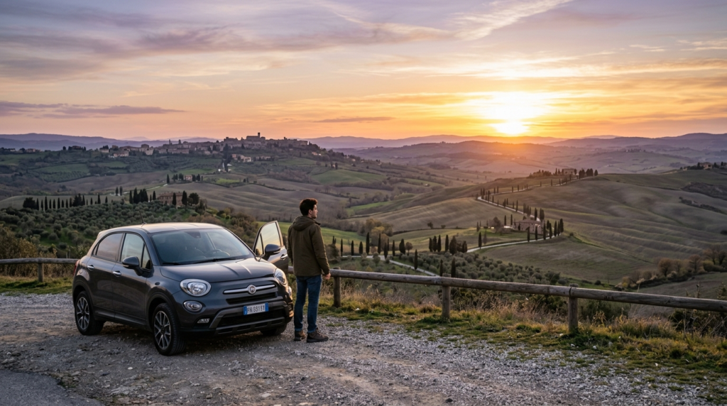 Photorealistic landscape shot of a solitary rental car parke